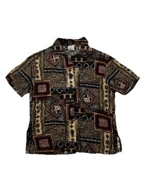 Basic Editions Brown & Black Geometric Short Sleeve Button-Down Shirt